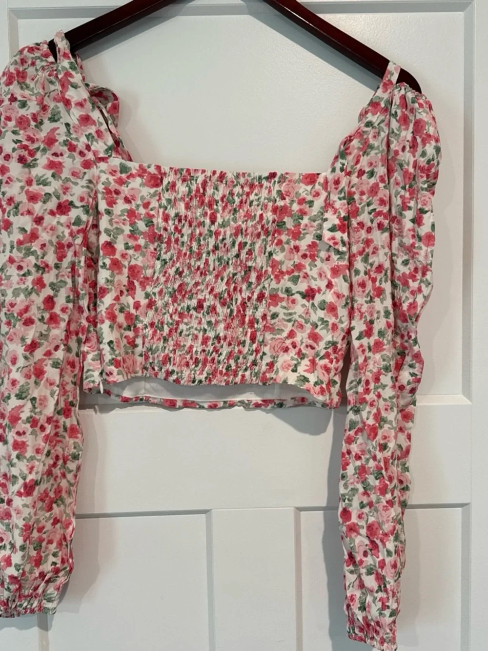 Astr Floral Tie-Shoulder Puff Sleeve Top - White/Pink/Green